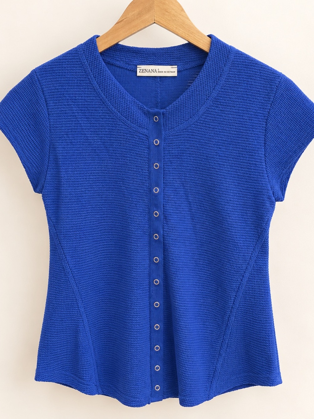Zenana Outfitters Royal Blue Short Sleeve Snap-Front Knit Top